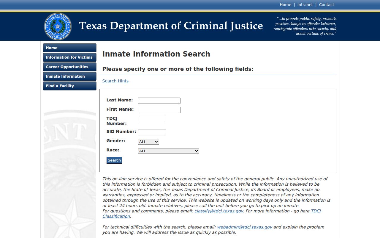 TDCJ inmate search fields after a Jim Wells County booking