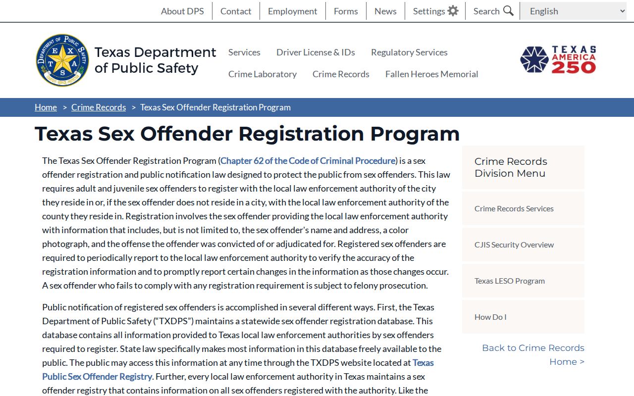 Jim Wells County sex offender registration program information from Texas DPS