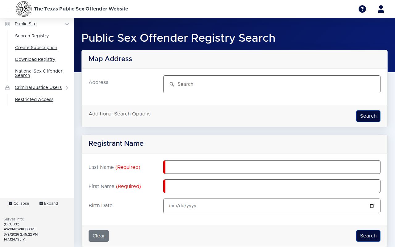 Jim Wells County sex offender registry search interface